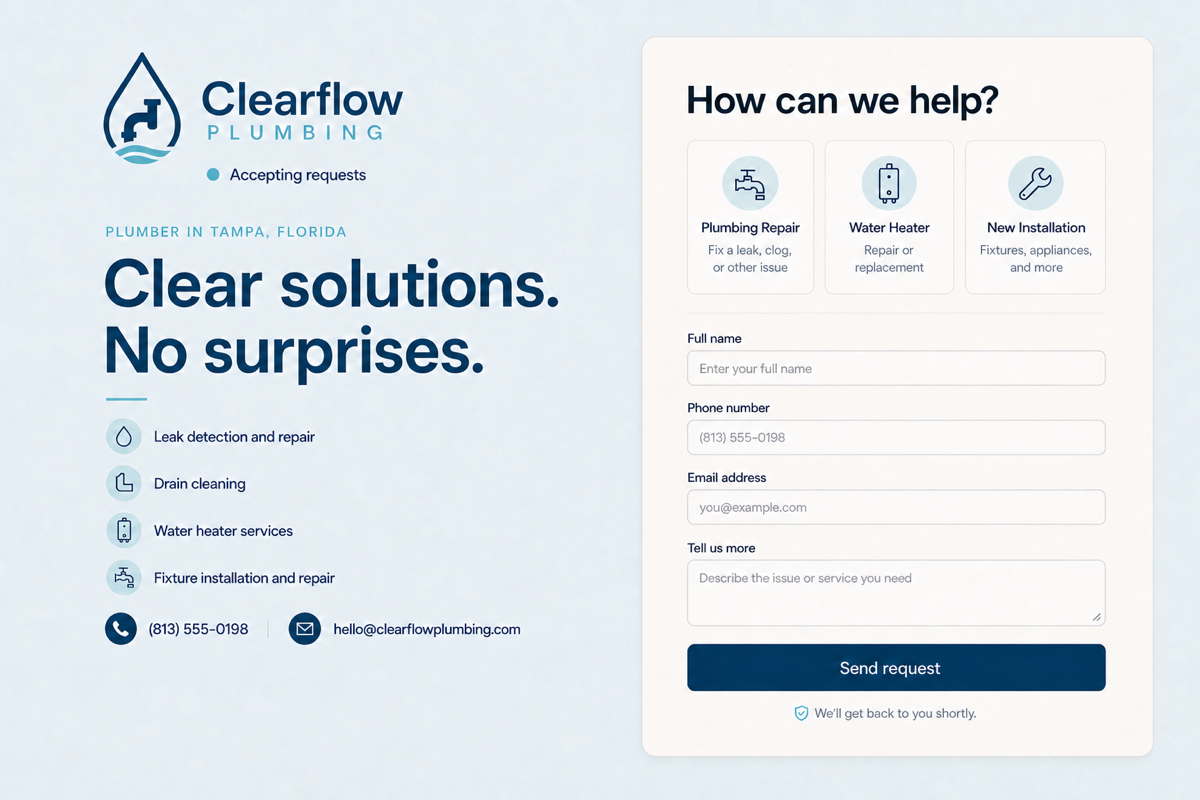 Clearflow Plumbing website preview in a coastal color scheme