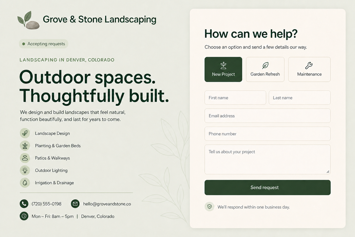 Grove and Stone Landscaping website preview in a forest color scheme